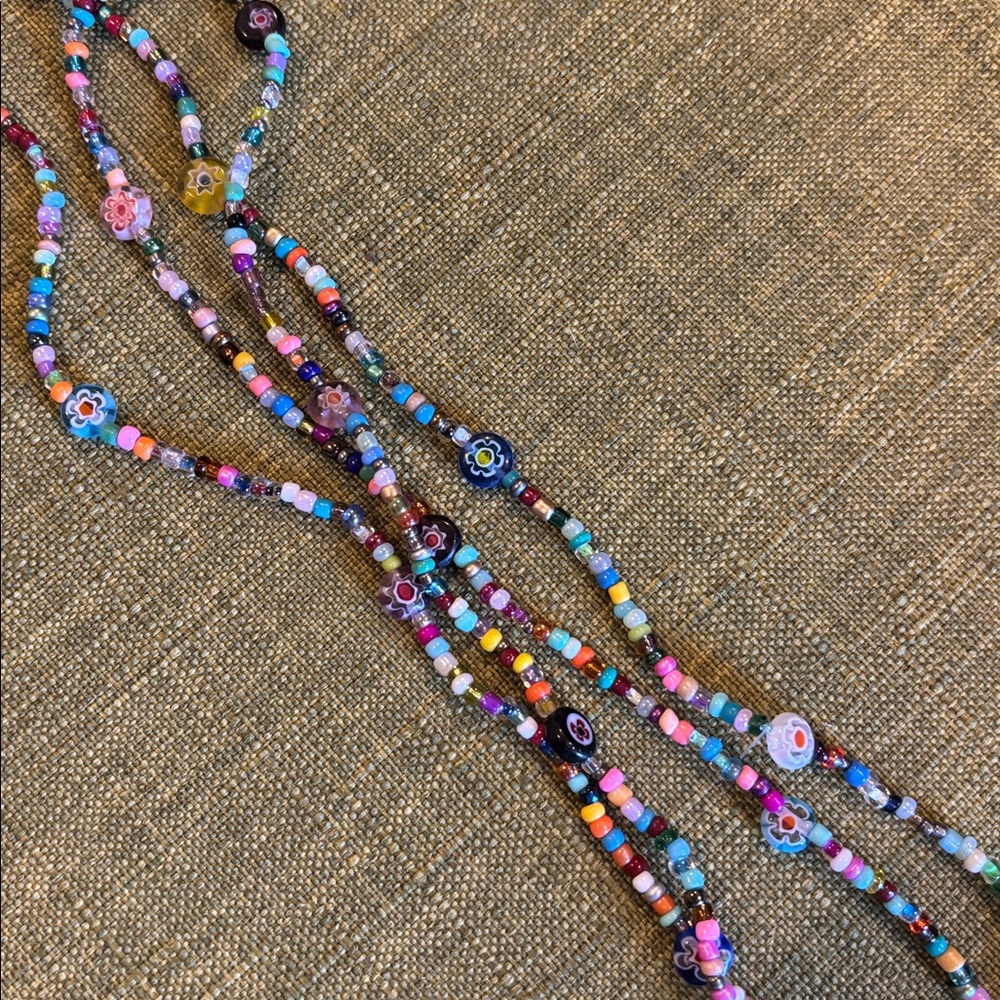 Long hand made glass beaded millifiori and seed beads